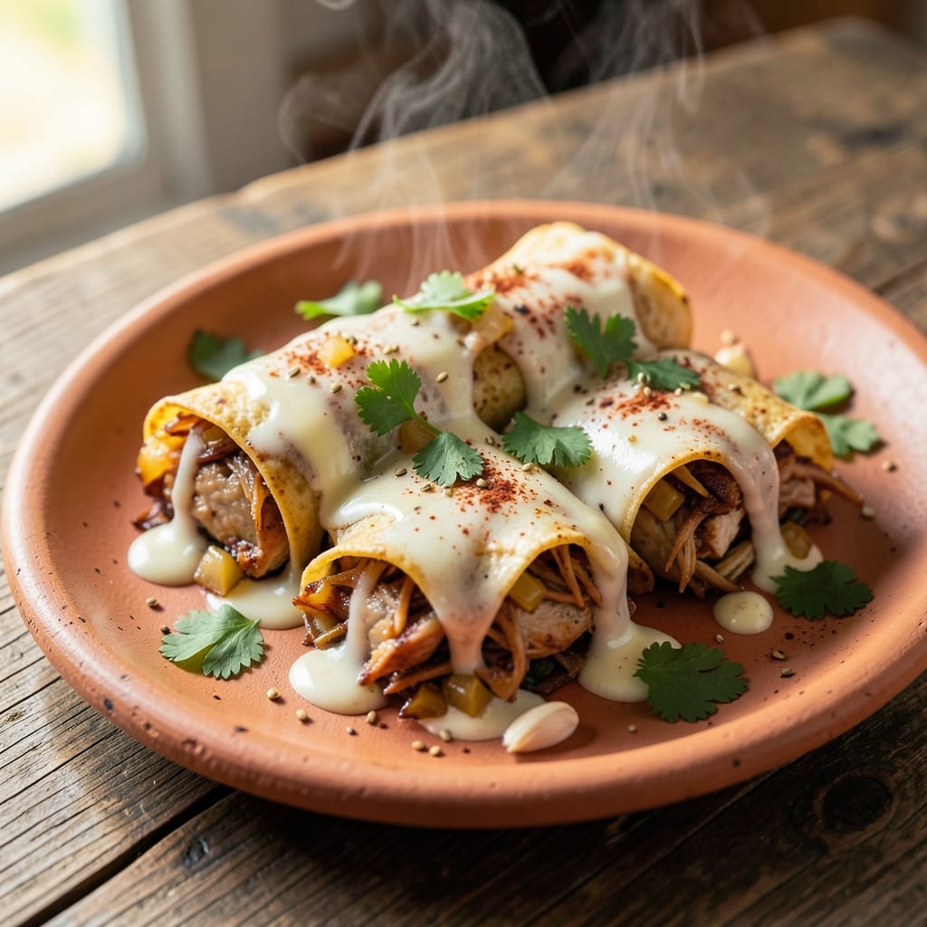 Authentic Chicken Enchiladas Recipe With White Sauce: Crispy Tortillas Hugging Creamy Melted Cheese