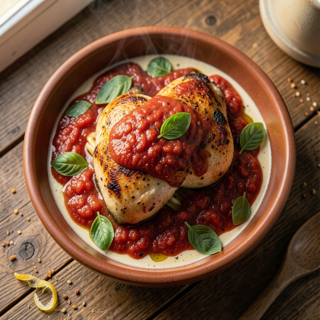 Baked Chicken With Pasta Sauce Recipe: One-Pan Garlic-Herb Harmony